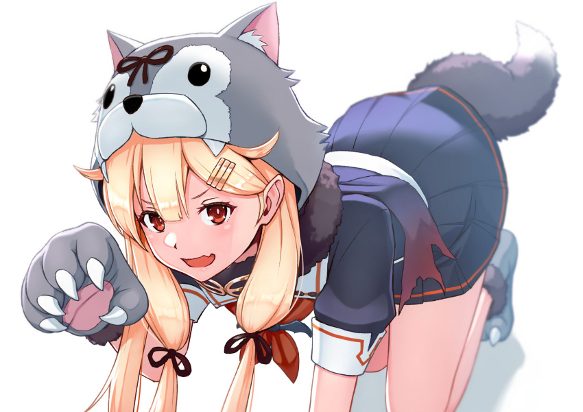 all_fours alternate_costume animal_costume animal_hands animal_hood black_serafuku blonde_hair claw_pose commentary female gloves hair_flaps hair_ornament hairclip highres hood kantai_collection long_hair oerba_yun_fang paw_gloves porupurucha red_eyes school_uniform serafuku sidelocks solo straight_hair tail wolf_hood wolf_tail yuudachi_(halloween_mode)_(kancolle) yuudachi_(kancolle) yuudachi_kai_ni_(kancolle)