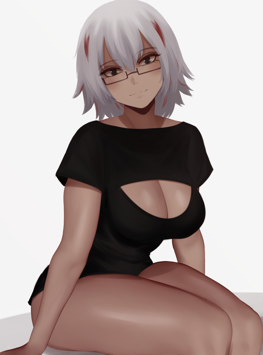 absurdres bad_id bad_pixiv_id black_eyes blush boku_no_hero_academia breasts cleavage cleavage_cutout clothing_cutout female glasses highres large_breasts looking_at_viewer meme_attire multicolored_hair open-chest_sweater red_hair short_hair simple_background smile solo sweater thighs todoroki_fuyumi white_background white_hair zaki_(zaki_btw)