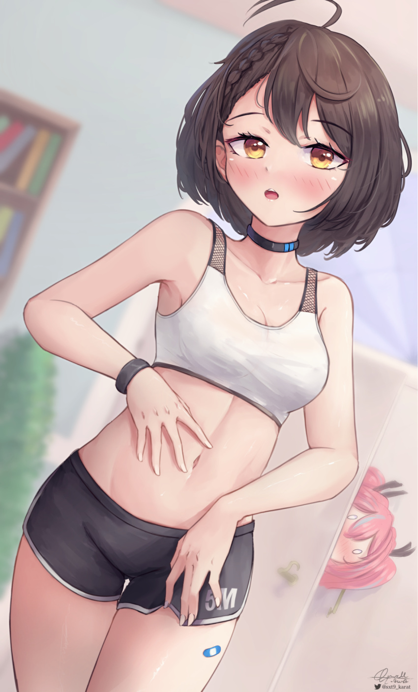 0_0 2girls ahoge armpits azur_lane baltimore_(azur_lane) baltimore_(black_ace)_(azur_lane) bandaid bandaid_on_leg bare_shoulders black_choker black_shorts blush bookshelf braid breasts bremerton_(azur_lane) brown_hair choker cleavage collarbone commentary cowboy_shot d.birb dolphin_shorts door french_braid grey_hair groin hair_between_eyes hand_on_own_stomach highres indoors long_hair looking_at_viewer medium_breasts midriff multicolored_hair multiple_girls navel nose_blush open_mouth peeking_out pink_hair plant potted_plant short_hair short_shorts shorts sidelocks signature solo_focus sports_bra spread_navel standing streaked_hair teeth twintails twitter_username two-tone_hair upper_teeth_only white_sports_bra wristband yellow_eyes