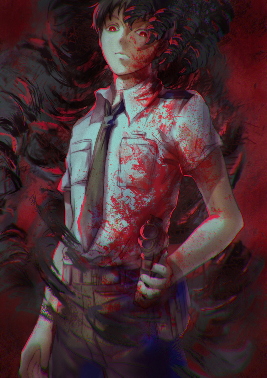 1boy absurdres ajin_(sakurai_gamon) bandaged_arm bandages black_hair black_necktie black_pants blood blood_on_clothes blood_on_face claws commentary gun hesa highres holding holding_gun holding_weapon ibm_(ajin) looking_down male_focus monster nagai_kei necktie outline pants red_background red_eyes red_outline shirt standing weapon white_shirt