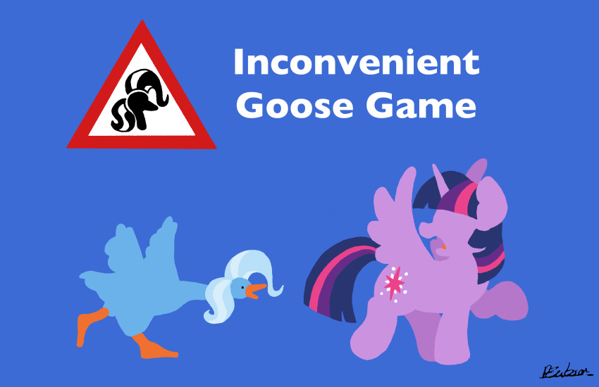 2020 alicorn alternate_species anatid anseriform anserinae avian bird bobthedalek duo equid equine female friendship_is_magic goose goose_(untitled_goose_game) hasbro hi_res horn mammal my_little_pony mythological_creature mythological_equine mythology trixie_(mlp) twilight_sparkle_(mlp) untitled_goose_game wings