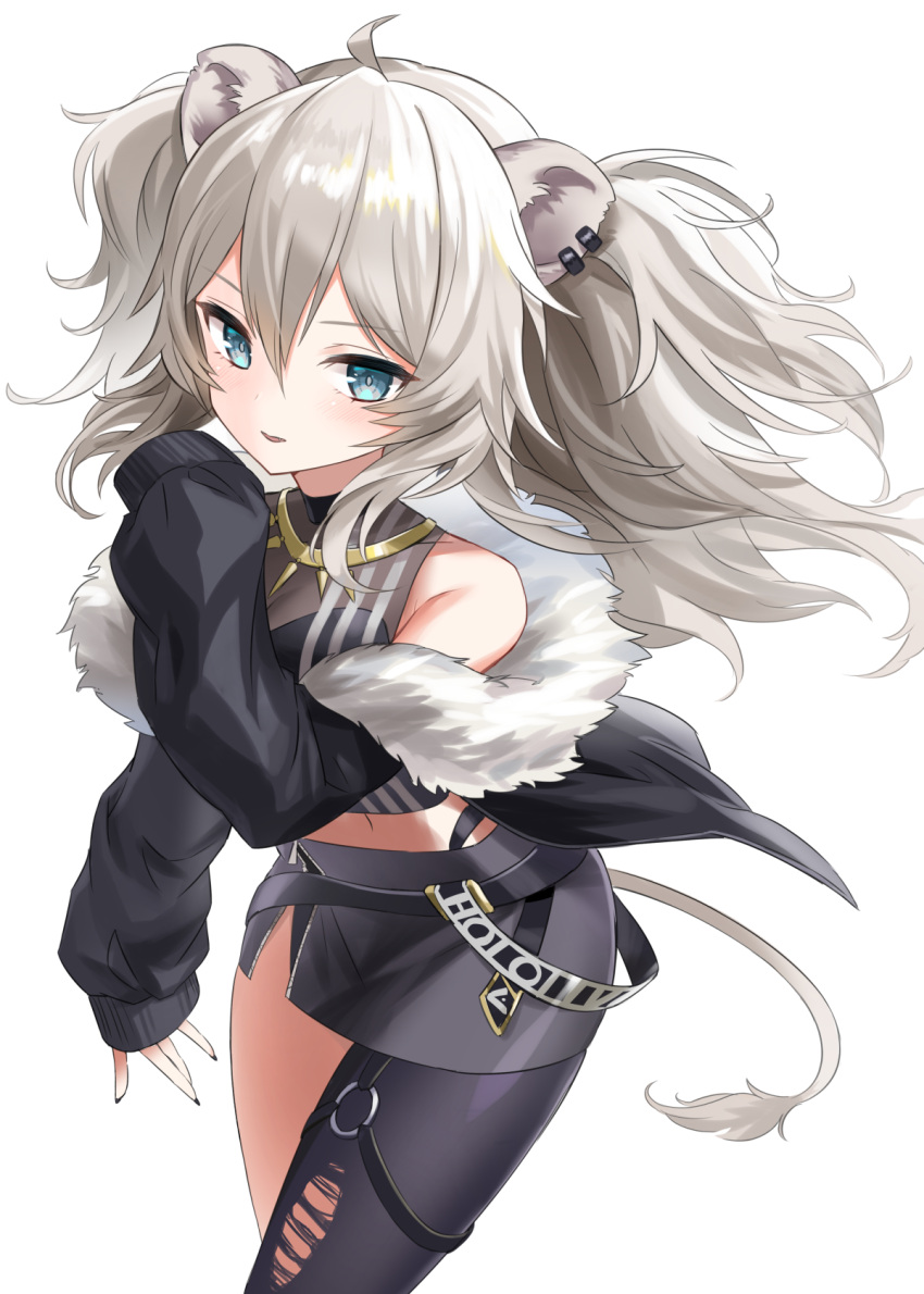 ahoge animal_ears bad_id bad_pixiv_id bare_shoulders black_jacket black_nails black_pantyhose black_shirt blue_eyes breasts cleavage cowboy_shot crop_top ear_piercing fangs female fingernails fur-trimmed_jacket fur_trim grey_hair grey_skirt hair_between_eyes highres hololive jacket jewelry kiki-yu lion_ears lion_girl lion_tail long_fingernails long_hair long_sleeves looking_at_viewer miniskirt nail_polish necklace o-ring o-ring_thigh_strap off_shoulder pantyhose parted_lips partially_unzipped piercing see-through sharp_fingernails shirt shishiro_botan shishiro_botan_(1st_costume) sidelocks simple_background single_leg_pantyhose skin_tight skirt sleeveless sleeveless_shirt sleeves_past_wrists smile solo tail thigh_strap torn_clothes torn_pantyhose two_side_up v-shaped_eyebrows virtual_youtuber white_background zipper_skirt