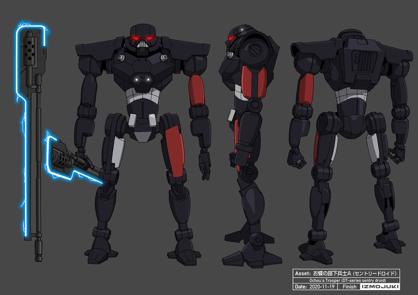 artist_name character_name clenched_hands dated droid electricity english_commentary holding holding_weapon humanoid_robot multiple_views no_humans official_art okubo_junji production_art red_eyes reference_sheet robot science_fiction sentry_droid star_wars star_wars:_visions weapon