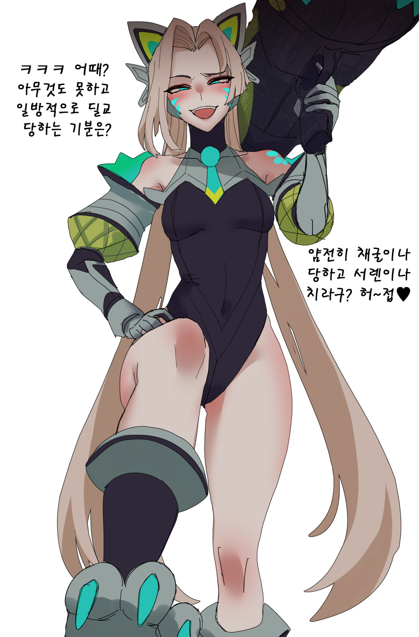 :d absurdres bare_shoulders battle_cat_jinx black_leotard blonde_hair breasts covered_collarbone covered_navel elbow_gloves facial_mark female from_below gloves green_necktie highres holding holding_weapon hudak jinx_(league_of_legends) korean_commentary league_of_legends leotard long_hair medium_breasts necktie official_alternate_costume open_mouth parted_hair rocket_launcher short_necktie smile solo teeth twintails upper_teeth_only weapon