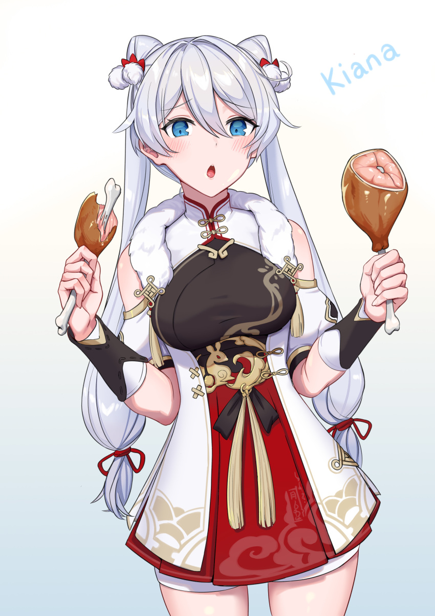 absurdres blue_eyes blush boned_meat breasts character_name chinese_clothes commentary cowboy_shot dress female food hair_between_eyes hair_bobbles hair_ornament hfp~kubiao highres holding holding_food honkai_(series) honkai_impact_3rd kiana_kaslana kiana_kaslana_(divine_prayer) long_hair meat medium_breasts open_mouth painttool_sai_(medium) short_dress simple_background solo twintails very_long_hair white_hair