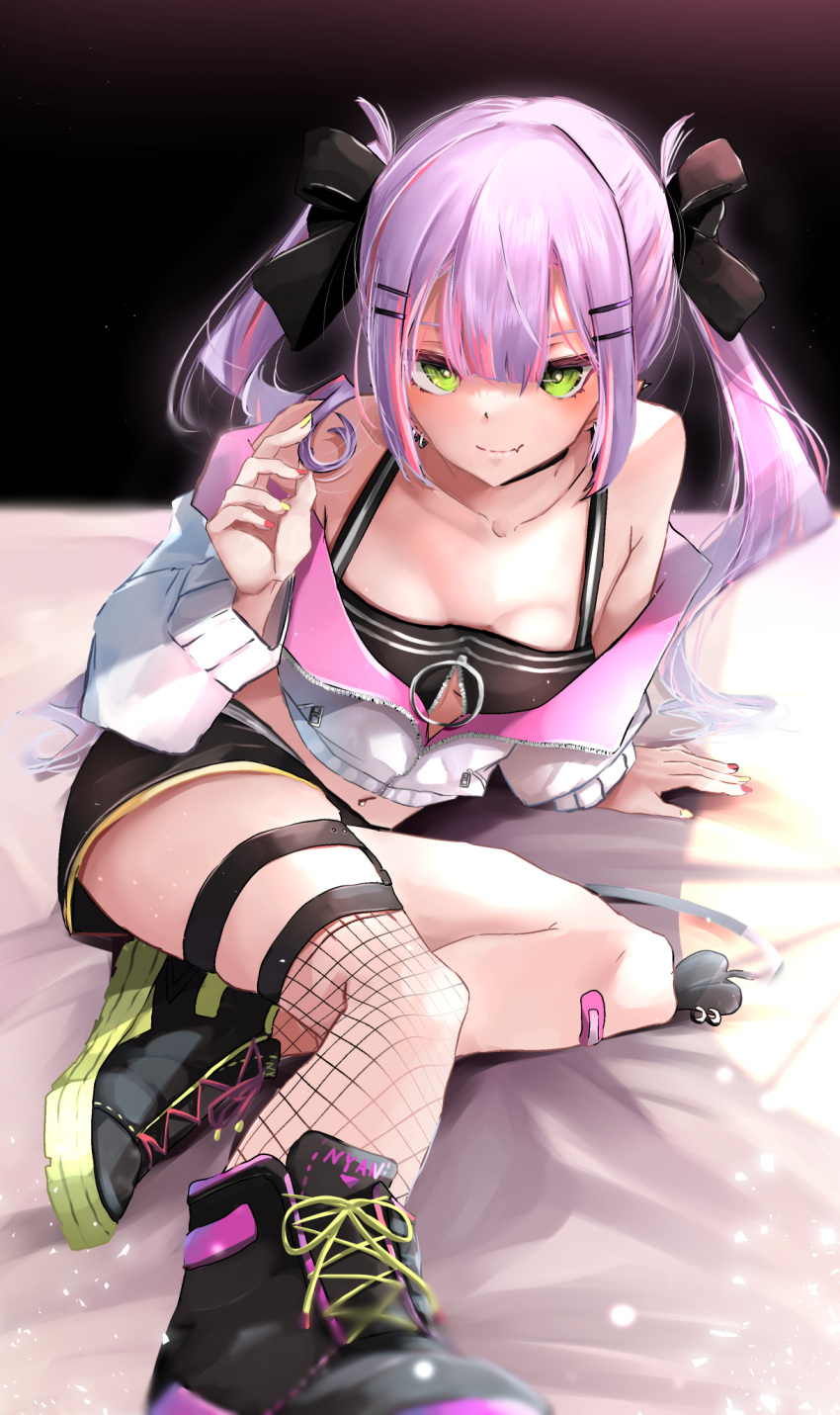 bad_id bad_pixiv_id bandaid bare_shoulders breasts commentary fang_out female fishnet_thighhighs fishnets green_eyes hair_ornament hairclip highres hololive long_hair looking_at_viewer memeno_kei multicolored_hair navel navel_piercing oerba_yun_fang piercing pink_hair purple_hair shorts sitting small_breasts smile solo streaked_hair tail tail_ornament tail_piercing thighhighs tokoyami_towa tokoyami_towa_(1st_costume) twintails virtual_youtuber