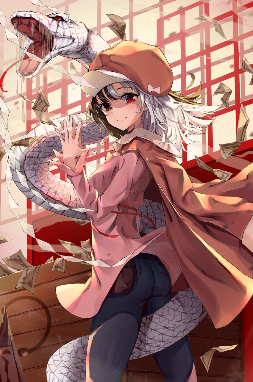 absurdres ass bakemonogatari blue_pants blush bow breasts brown_eyes brown_hair brown_jacket cabbie_hat commentary cqingwei dress fangs female grey_hair hat hat_bow highres jacket jacket_on_shoulders kuchinawa long_hair long_sleeves looking_at_viewer medium_breasts monogatari_(series) open_clothes open_jacket pants pink_dress pink_nails red_eyes sengoku_nadeko short_hair snake solo teeth white_bow white_snake