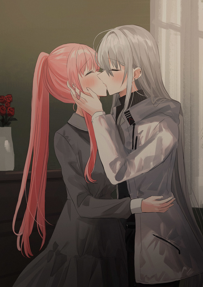 2girls blush chihuri closed_eyes collared_dress commentary curtains drawstring dress ear_piercing earrings facing_another flower grey_dress grey_hair hand_on_another's_face highres indoors jacket jewelry kissing long_hair long_sleeves multiple_girls open_clothes open_jacket original photoshop_(medium) piercing pink_hair ponytail profile red_flower red_rose rose sidelocks standing stud_earrings turtleneck vase very_long_hair white_jacket window yana_(chihuri) yuri zoya_petrovna_vecheslova