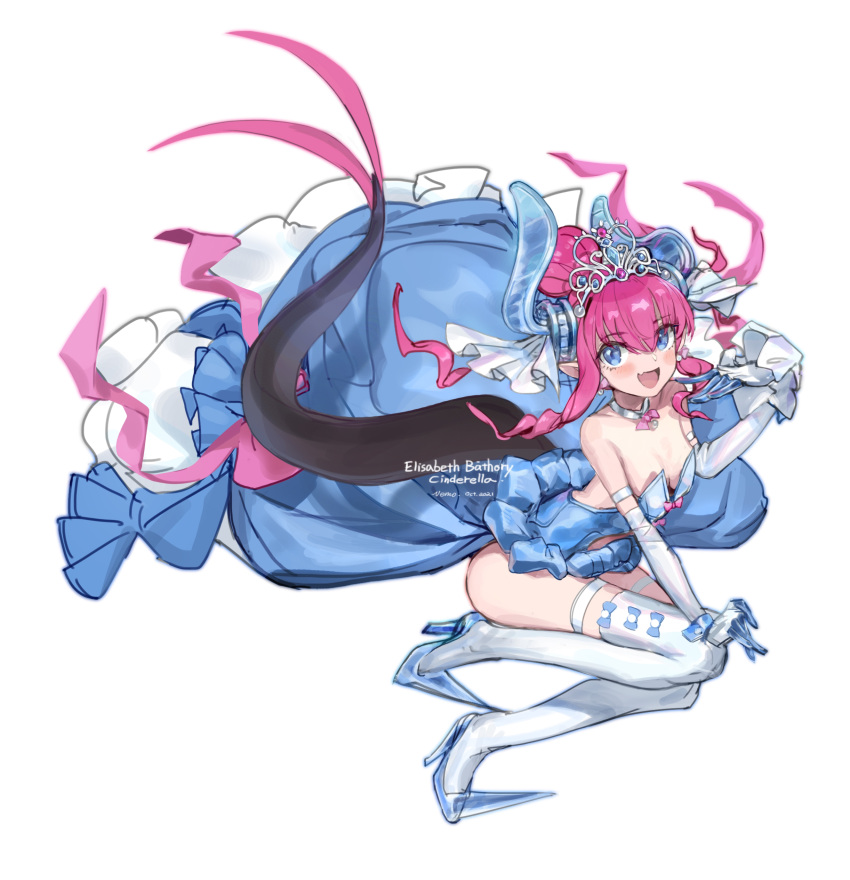 :d absurdres artist_name blue_eyes blush breasts character_name commentary dated elbow_gloves elizabeth_bathory_(cinderella_rider)_(fate) elizabeth_bathory_(fate) fate/grand_order fate_(series) female glass_footwear gloves high_heels highres horns long_hair looking_at_viewer nemo_(leafnight) oerba_yun_fang pink_hair simple_background skin_fang small_breasts smile solo symbol-only_commentary tail thighhighs tiara white_background white_gloves white_thighhighs