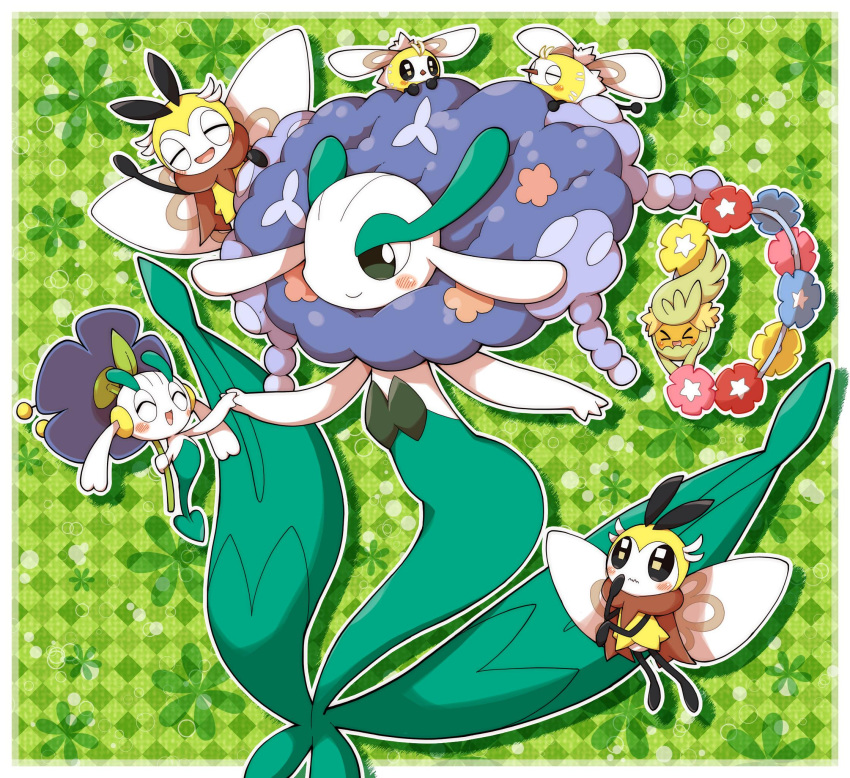 2019 blue_flower_floette blue_flower_florges blush closed_eyes comfey cutiefly elemental_creature evil_anaunara floette florges generation_6_pokemon generation_7_pokemon gesture green_background group hand_holding hi_res nintendo open_mouth pokemon pokemon_(species) ribombee simple_background thinking waving