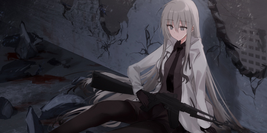 an-94 assault_rifle black_gloves black_necktie black_pantyhose black_shirt black_shorts blood borrowed_character building closed_mouth collared_shirt commentary_request damaged drawstring ear_piercing earrings feet_out_of_frame female gloves grey_eyes grey_hair gun highres holding holding_gun holding_weapon jacket jewelry kinona long_hair long_sleeves necktie open_clothes open_jacket original pantyhose pantyhose_under_shorts piercing rifle ruins shirt short_shorts shorts sitting solo stud_earrings very_long_hair wall weapon white_jacket zoya_petrovna_vecheslova