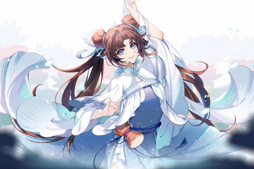 blue_dress blue_eyes bracelet brown_hair double_bun dress facial_mark female forehead_mark hair_bun hand_up highres holding_cloth jewelry smile solo string twintails xianjian_qixia_zhuan zhao_ling_er_shao_guan_lu zhao_linger