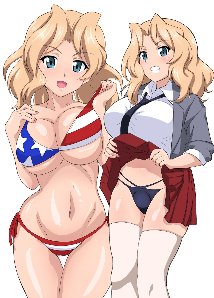 absurdres american_flag american_flag_bikini american_flag_print bad_id bad_pixiv_id bikini black_necktie black_panties blonde_hair blue_eyes blush breasts cleavage clothes_lift female flag_print girls_und_panzer grin highres kay_(girls_und_panzer) large_breasts lifting_own_clothes looking_at_viewer miniskirt multiple_views navel necktie open_mouth panties pleated_skirt print_bikini red_skirt saunders_school_uniform school_uniform shiny_skin simple_background skirt skirt_lift smile stomach swimsuit thighhighs underwear white_background white_thighhighs yasuoextuuuuuu