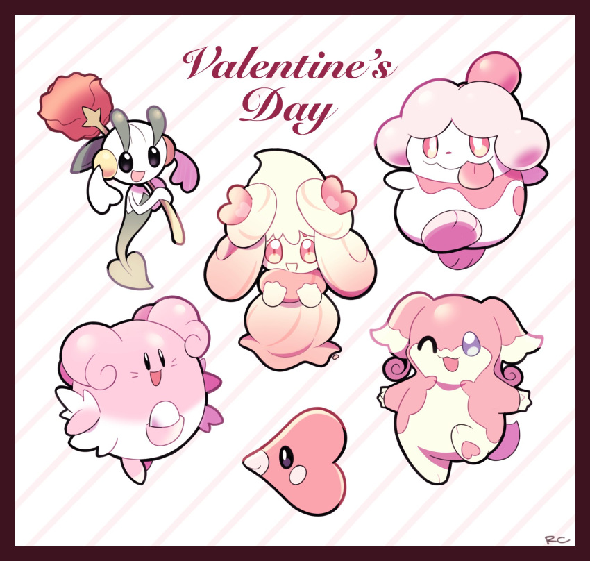 :d alcremie alcremie_(love_sweet) artsy-rc audino blissey commentary english_commentary floette floette_(red_flower) flower highres holding holding_flower looking_at_viewer luvdisc open_mouth pink_theme pokemon pokemon_(creature) slurpuff smile striped striped_background trait_connection valentine