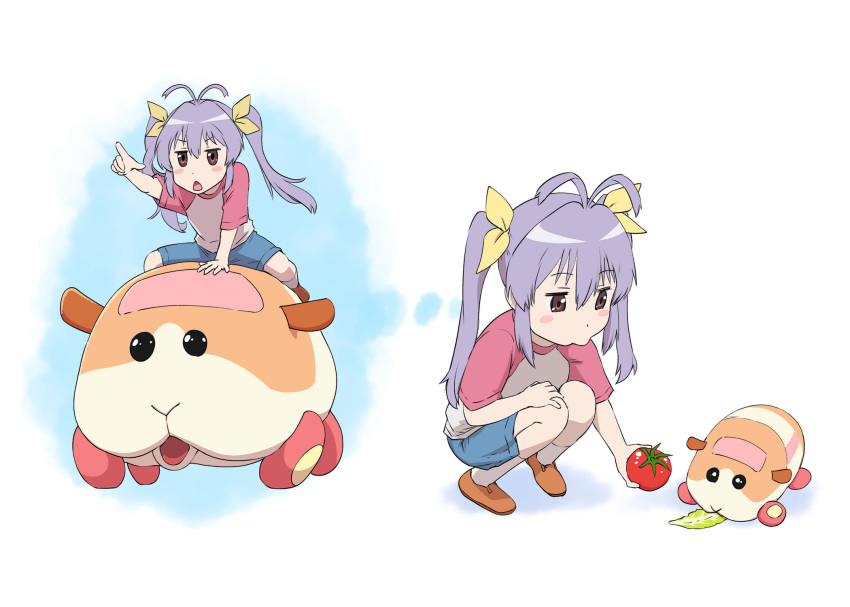 antenna_hair brown_eyes crossover female full_body hair_ribbon highres lettuce long_hair looking_at_viewer miyauchi_renge molcar non_non_biyori open_mouth potato_(pui_pui_molcar) pui_pui_molcar purple_hair ribbon riding tomato triangle_mouth twintails ueyama_michirou white_background yellow_ribbon yurie_mouth