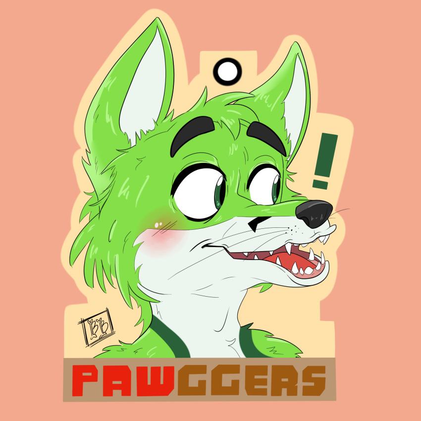 1:1 anthro badge black_body black_fur black_nose blush bonybones canid canine ears_up exclamation_point eyebrows fidget_the_fox fox fur green_eyes green_hair hair headshot_portrait hi_res icon male mammal meme pawggers pogchamp portrait signature solo teeth teeth_showing white_body white_fur wide_eyed