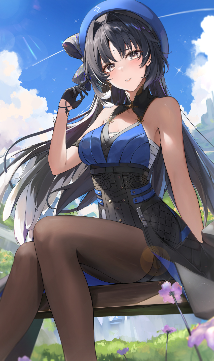 absurdres aoi_13 bare_shoulders black_gloves black_hair black_pantyhose blue_headwear blue_sky blush breasts feet_out_of_frame female flower gloves grey_eyes hand_up highres long_hair looking_at_viewer outdoors pantyhose parted_lips sitting sky smile solo tacet_mark_(wuthering_waves) thighs wuthering_waves yangyang_(wuthering_waves)