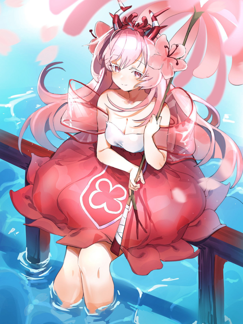 absurdres bad_id bad_pixiv_id breasts cherry_blossom_cookie cherry_blossoms colored_eyelashes cookie_run dress female fence flower hagoromo hair_flower hair_ornament headpiece highres holding holding_flower holding_umbrella hufy humanization long_hair looking_at_viewer partially_submerged pink_dress pink_eyes pink_flower pink_hair shawl sidelocks sitting sitting_on_fence sleeveless sleeveless_dress smile solo umbrella water