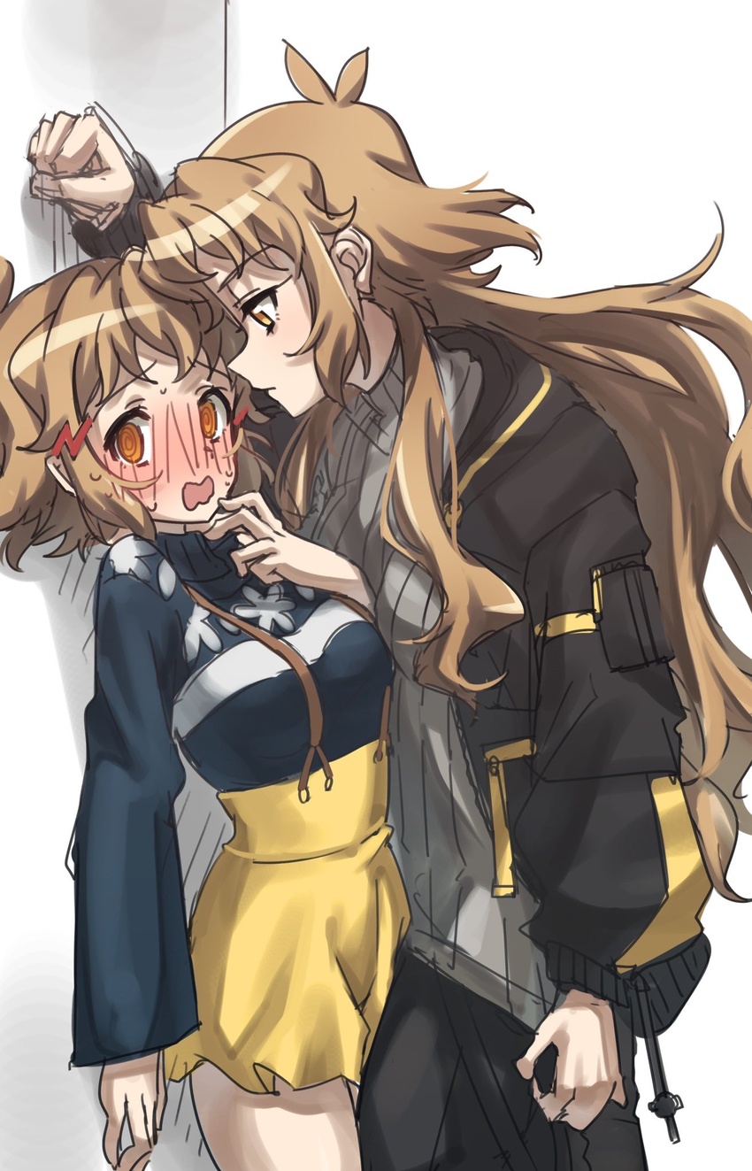 2girls aged_up blush breasts brown_eyes brown_hair dual_persona hair_ornament highres kabedon large_breasts long_hair medium_breasts multiple_girls orange_eyes selfcest senki_zesshou_symphogear senki_zesshou_symphogear_xd_unlimited short_hair tachibana_hibiki_(symphogear) tachibana_hibiki_(symphogear)_(another) very_long_hair yukitsuba_hina yuri