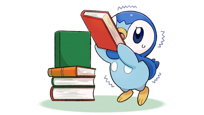 blue_eyes book commentary_request eyelashes holding holding_book looking_up no_humans official_art open_mouth piplup pokemon pokemon_(creature) project_pochama solo stacking sweatdrop tongue trembling white_background