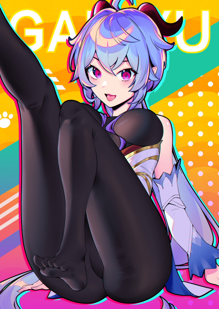 95--- absurdres ahoge black_pantyhose blue_hair blush bodystocking breasts character_name chinese_commentary colorful detached_sleeves female foot_out_of_frame ganyu_(genshin_impact) genshin_impact goat_horns gold_trim hair_between_eyes highres horns legs_up light_blue_hair long_hair looking_at_viewer medium_breasts multicolored_background open_mouth pantyhose polka_dot polka_dot_background purple_eyes sitting smile solo tongue tongue_out very_long_hair