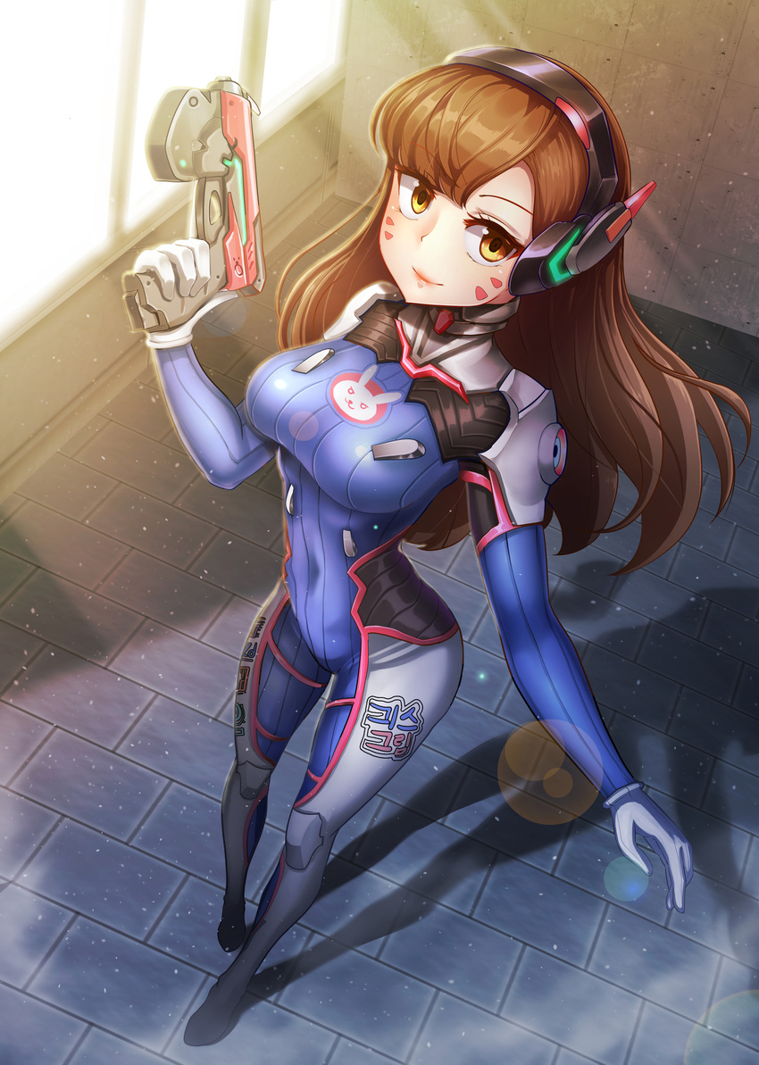 absurdres animal_print bad_id bad_pixiv_id bangs bodysuit boots bracer breasts brown_eyes brown_hair bunny_print closed_mouth contrapposto covered_navel d.va_(overwatch) emblem eyebrows eyebrows_visible_through_hair facepaint facial_mark finger_on_trigger full_body gloves gui_ss gun hand_up handgun headphones highres holding holding_gun holding_weapon lips lipstick logo long_hair long_sleeves looking_at_viewer makeup mecha medium_breasts overwatch pauldrons pilot_suit pink_lips pink_lipstick ribbed_bodysuit shoulder_pads skin_tight smile solo standing thigh_boots thigh_strap thighhighs turtleneck weapon whisker_markings white_footwear white_gloves