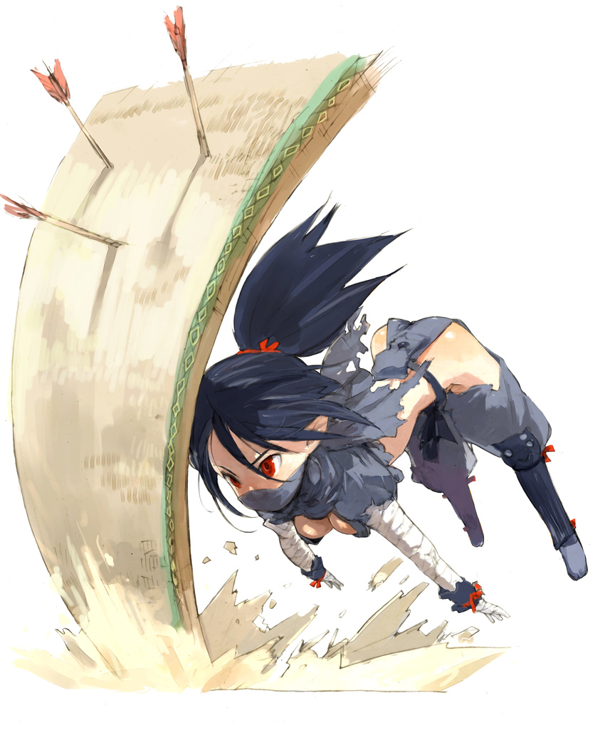 absurdres arrow_(projectile) black_hair breasts cleavage disgaea female highres kunoichi_(disgaea) makai_senki_disgaea_2 mask medium_breasts mouth_mask ninja ninja_mask official_art photoshop_(medium) red_eyes simple_background solo tatami toi8