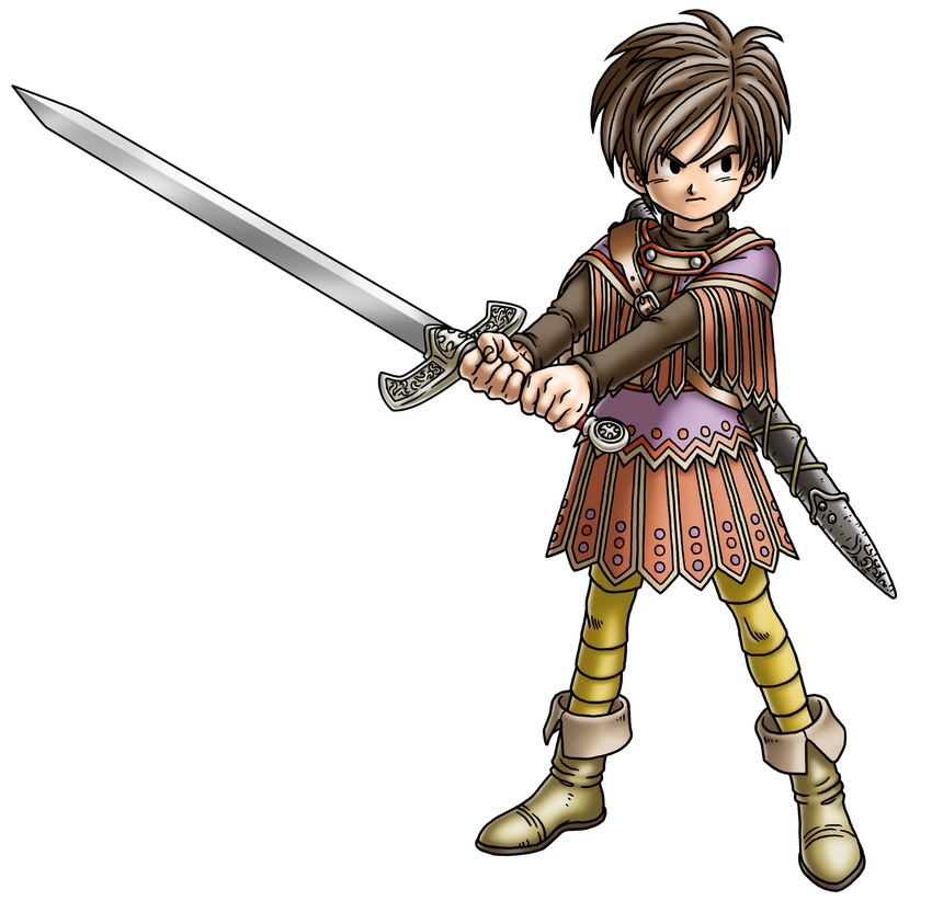 absurdres black_eyes boots brown_hair dragon_quest dragon_quest_ix female full_body hero_(dq9) highres long_sleeves official_art photoshop_(medium) sheath short_hair simple_background solo standing sword toriyama_akira weapon