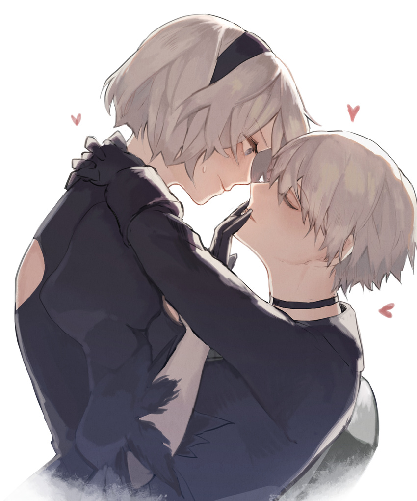 1boy 2b_(nier:automata) 9s_(nier:automata) black_dress black_gloves black_hairband closed_eyes commentary_request couple dress female gloves hairband hand_on_another's_mouth heart highres hug looking_at_another nahonanaho nier:automata nier_(series) simple_background straight sweatdrop upper_body white_background