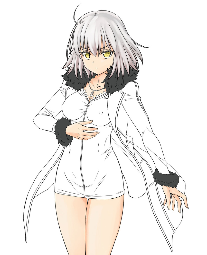 bonza breasts commentary_request covered_nipples fate/grand_order fate_(series) female fur_trim grey_hair highres jacket jeanne_d'arc_alter_(fate) jeanne_d'arc_alter_(ver._shinjuku_1999)_(fate) jewelry looking_at_viewer medium_breasts necklace official_alternate_costume photoshop_(medium) simple_background solo white_background yellow_eyes