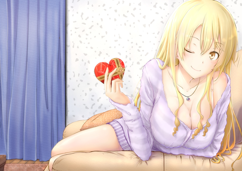 ;) arm_support blonde_hair box bra_strap breasts cleavage commentary_request couch curtains dress female heart-shaped_box highres indoors jewelry large_breasts long_hair long_sleeves looking_at_viewer miura_yumiko necklace nentsuchi off_shoulder one_eye_closed purple_sweater sitting smile solo striped_clothes striped_sweater sweater sweater_dress valentine yahari_ore_no_seishun_lovecome_wa_machigatteiru. yellow_eyes