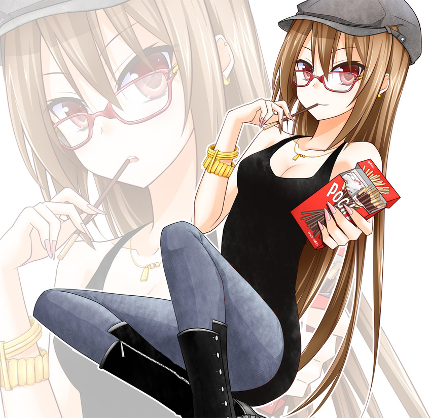 breasts brown_hair cleavage commentary_request female food glasses hat lindoh_flores medium_breasts original photoshop_(medium) pocky red-eyes_macadamiachoco red_eyes zoom_layer