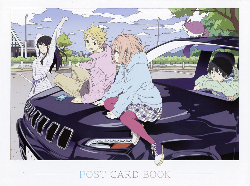 2boys 2girls car highres jeep_(company) jeep_cherokee kanbara_akihito kuriyama_mirai kyoukai_no_kanata motor_vehicle multiple_boys multiple_girls nase_hiroomi nase_mitsuki official_art on_vehicle outdoors pantyhose sports_utility_vehicle stretching yakiimo_(kyoukai_no_kanata)