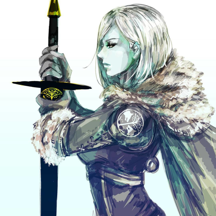 armor bad_id bad_pixiv_id blue_skin cape closed_mouth colored_skin destiny_(game) expressionless female from_side fur-trimmed_sleeves fur_collar fur_trim gloves grey_gloves half-closed_eye holding holding_sword holding_weapon hunter_(destiny) long_sleeves looking_afar nvalkyrja profile short_hair simple_background solo sword upper_body weapon white_background white_hair