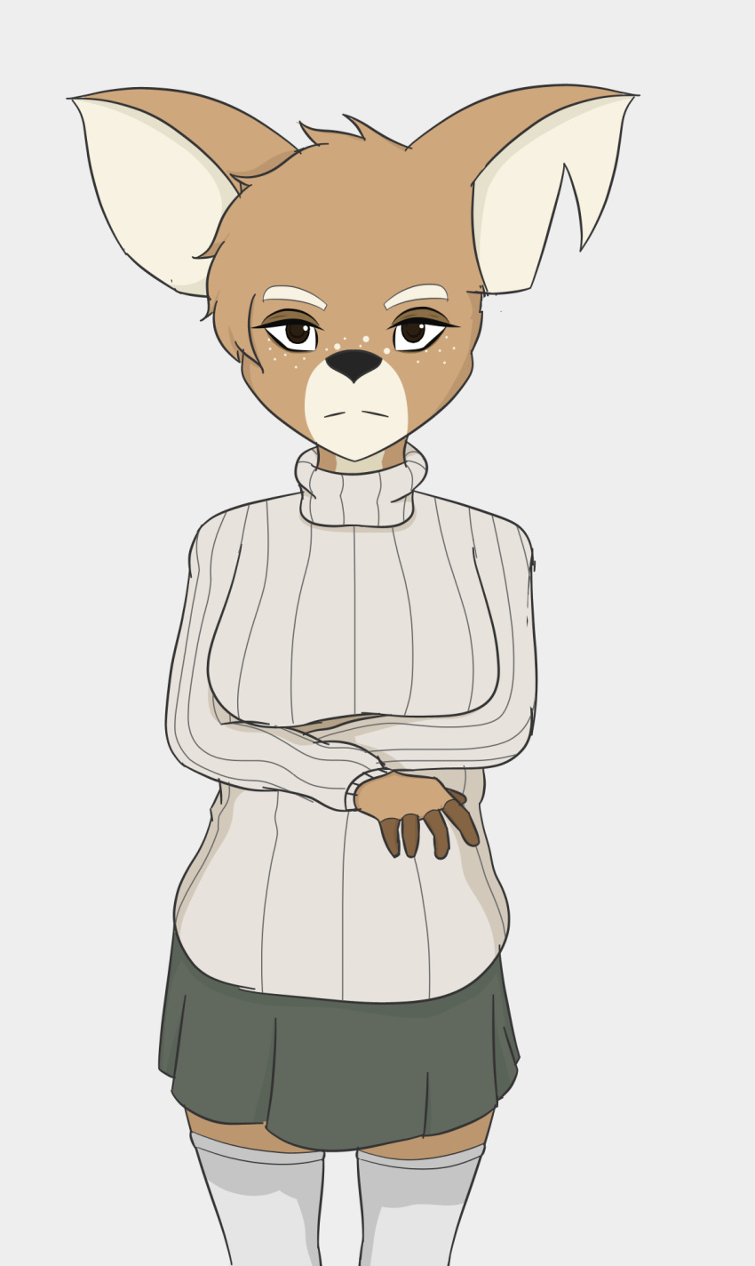 anthro brown_eyeshadow clothing deer dots dress eyebrows female footwear freckles hi_res legwear long_socks mammal nikita_perovskia qunteki serious_face simple_background socks solo standing sweater the_testimony_of_trixie_glimmer_smith thick_eyebrows topwear white_background