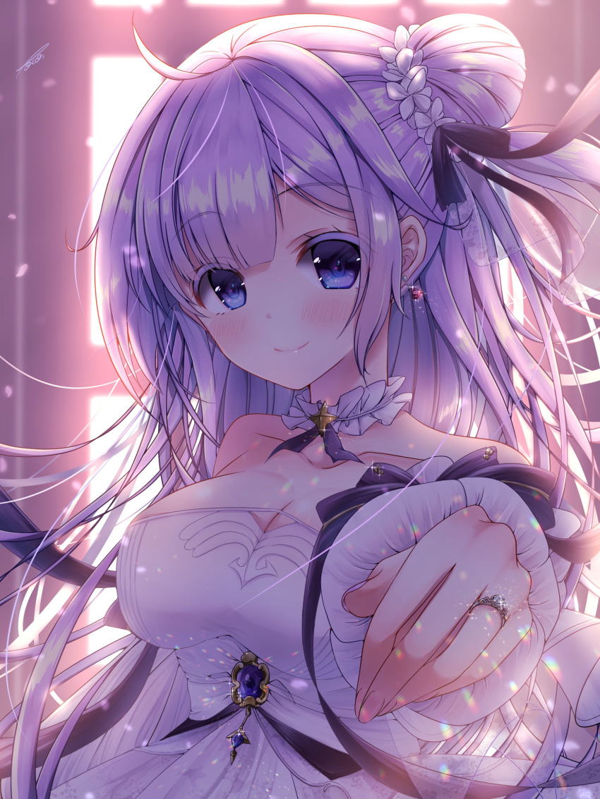 ahoge asymmetrical_bangs azur_lane backlighting blush breasts cleavage closed_mouth collarbone commentary detached_collar dress earrings female flower hair_bun hair_flower hair_ornament highres indoors jewelry large_breasts light_particles light_purple_hair long_hair looking_at_viewer off-shoulder_dress off_shoulder official_alternate_costume oppai_loli ornate_ring outstretched_hand parted_bangs poco. purple_eyes ring single_hair_bun single_side_bun smile solo unicorn_(a_dream_of_pure_vows)_(azur_lane) unicorn_(azur_lane) upper_body wedding_dress wedding_ring white_dress window