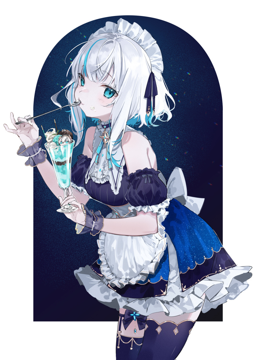 :3 apron ars_almal ars_almal_(7th_costume) asymmetrical_legwear back_bow bare_shoulders black_thighhighs blue_eyes blue_hair blue_ribbon bow choker colored_inner_hair cup detached_sleeves dress female food food_on_face frilled_apron frilled_dress frills gold_trim guru_(nicocco) highres holding holding_cup holding_spoon ice_cream looking_at_viewer maid maid_headdress mint_chocolate multicolored_hair neck_ribbon nijisanji parfait puffy_detached_sleeves puffy_short_sleeves puffy_sleeves ribbon short_hair short_sleeves solo space_print spoon star_(symbol) star_choker starry_sky_print streaked_hair thigh_strap thighhighs virtual_youtuber white_bow white_hair