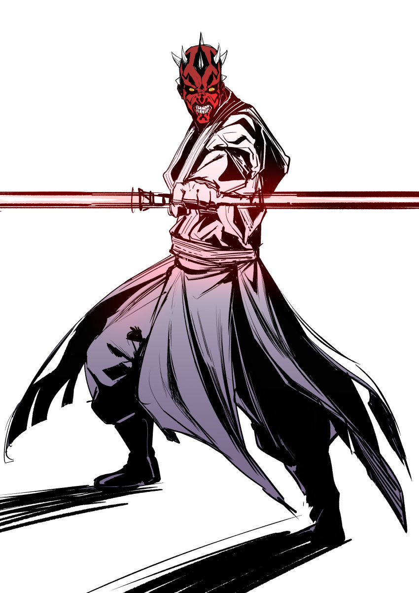 1boy absurdres bad_id bad_twitter_id clenched_teeth colored_skin darth_maul double_bladed_lightsaber energy_sword highres holding holding_lightsaber holding_weapon lightsaber looking_at_viewer male_focus orange_eyes red_lightsaber rx_hts simple_background sith solo spikes standing star_wars star_wars:_the_phantom_menace sword teeth weapon white_background zabrak