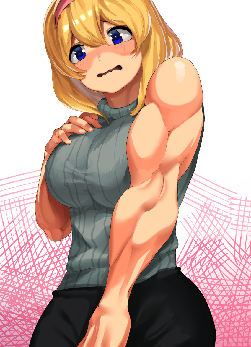 absurdres alice_margatroid alternate_costume alternate_muscle_size aran_sweater black_skirt blonde_hair blue_eyes blush breasts cable_knit commentary cookie_(touhou) cowboy_shot embarrassed female grey_sweater hair_between_eyes hand_on_own_chest highres koiso_usu large_breasts medium_hair muscular muscular_female nose_blush open_mouth sakuranbou_(cookie) skirt sleeveless sleeveless_sweater solo sweater touhou wavy_mouth