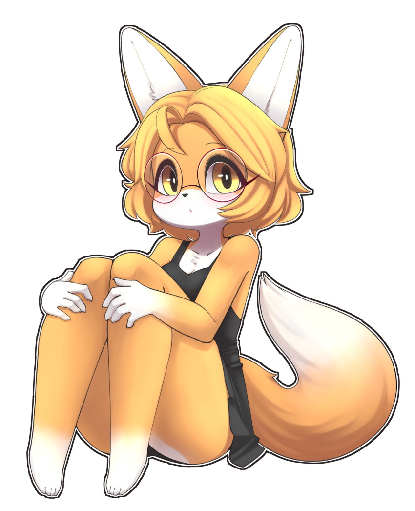 animal_ears ass black_dress blonde_hair blush closed_mouth collarbone dress female fetal_position fox_ears fox_tail full_body furry furry_female glasses highres jupiter_europe knees_up looking_at_viewer original round_eyewear short_hair simple_background solo tail white_background yellow_eyes