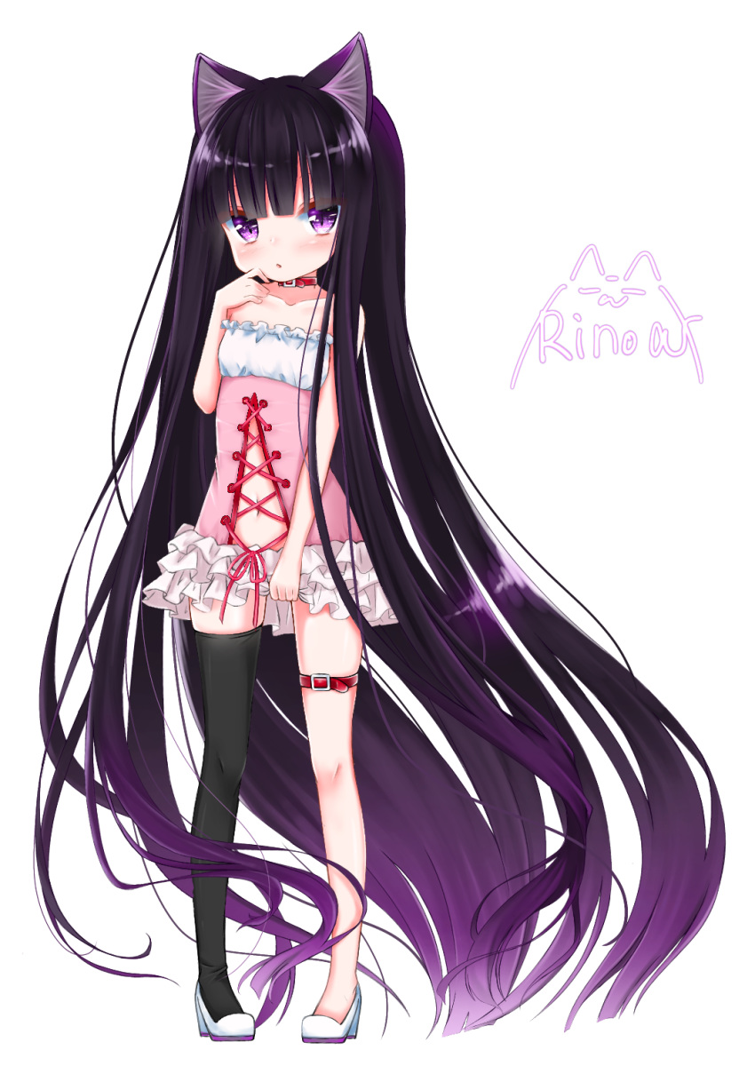 absurdly_long_hair animal_ear_fluff animal_ears bare_shoulders black_hair black_thighhighs cat_ears channmirunya collar dress dress_tug female full_body hand_to_own_mouth high_heels highres long_hair navel original pink_dress pink_eyes shoes short_dress simple_background single_thighhigh solo strapless strapless_dress thigh_strap thighhighs very_long_hair white_background white_footwear