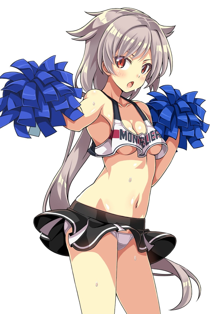 azur_lane black_skirt breasts character_name cheering cheerleader clothes_writing collarbone commentary cowboy_shot crop_top crop_top_overhang female grey_hair hair_ears highres holding holding_pom_poms long_hair looking_at_viewer macaroni_hourensou microskirt midriff miniskirt montpelier_(azur_lane) navel open_mouth panties pantyshot pleated_skirt pom_pom_(cheerleading) red_eyes shirt simple_background skirt sleeveless sleeveless_shirt small_breasts solo underwear white_background white_panties