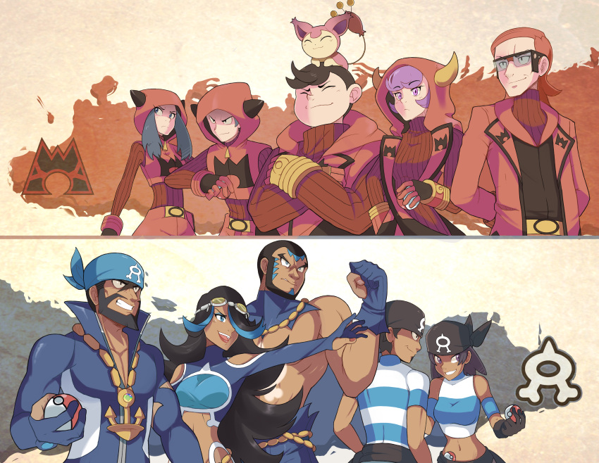 4girls 6+boys absurdres anchor_necklace archie_(pokemon) bandana beard black_hair blue_bandana blue_bodysuit bodysuit closed_mouth commentary courtney_(pokemon) crop_top crossed_arms dark-skinned_male dark_skin diving_suit english_commentary facial_hair fake_horns frown gloves grin highres holding holding_poke_ball hood hood_up horns jewelry logo matt_(pokemon) maxie_(pokemon) multiple_boys multiple_girls muscular muscular_male navel necklace on_head poke_ball poke_ball_(basic) pokemon pokemon_(creature) pokemon_on_head pokemon_oras sally_(luna-arts) shelly_(pokemon) short_hair sidelocks skitty smile tabitha_(pokemon) team_aqua team_aqua_grunt team_magma team_magma_grunt wetsuit zipper_pull_tab