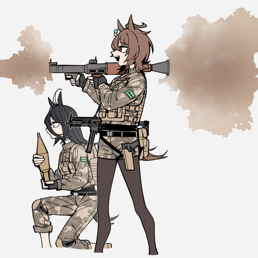 2girls agnes_tachyon_(umamusume) ahoge alternate_costume animal_ears black_gloves black_hair brown_eyes brown_hair brown_legwear bulletproof_vest commentary earrings english_commentary fatigues firing glock gloves gun hair_between_eyes handgun highres holding holstered horse_ears horse_girl horse_tail jewelry knee_pads long_bangs long_legs looking_to_the_side lwrc_smg_45 manhattan_cafe_(umamusume) military military_uniform multicolored_hair multiple_girls neonfloyd on_one_knee pants pants_rolled_up pantyhose pouch rocket_launcher rpg-7 rpg_(weapon) short_shorts shorts single_earring smoke submachine_gun tactical_clothes tail two-tone_hair umamusume uniform weapon white_hair yellow_eyes