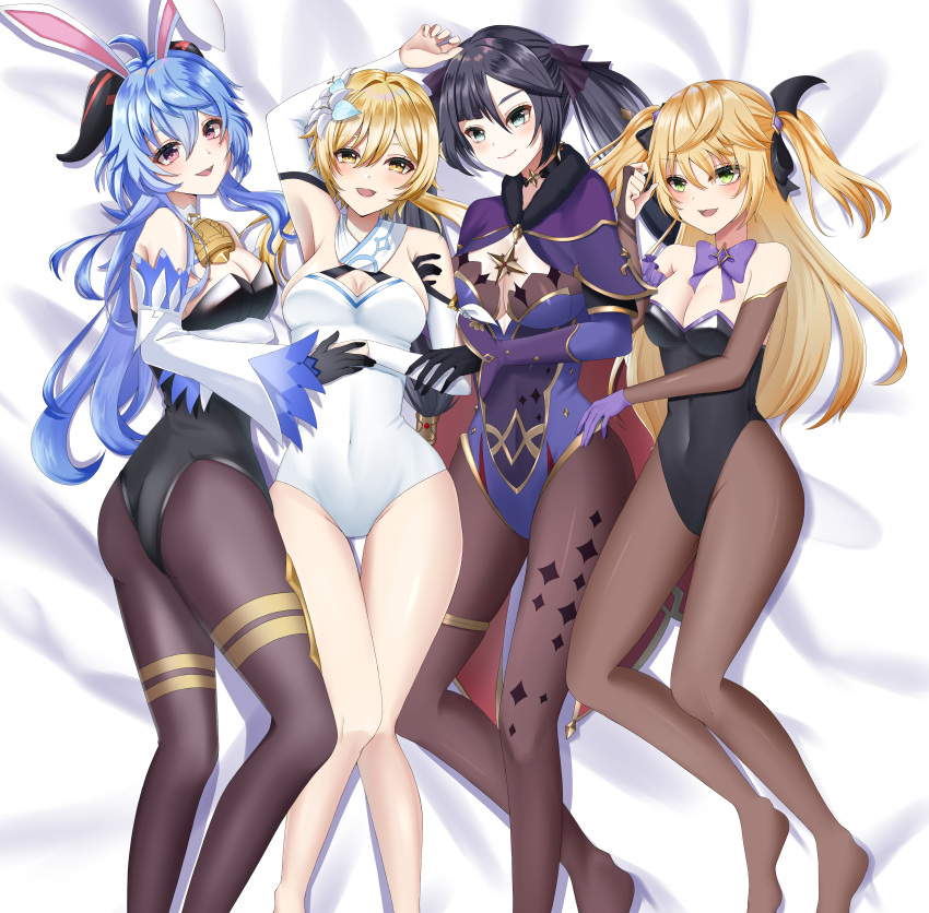 4girls :d absurdres ahoge alternate_costume animal_ears arm_up armpits ass bed_sheet bell black_gloves black_hair black_leotard black_pantyhose blonde_hair blue_hair bodystocking bow bowtie breasts cape choker cleavage commentary_request commission detached_collar detached_sleeves earrings eyepatch fake_animal_ears fischl_(genshin_impact) flower from_above ganyu_(genshin_impact) genshin_impact gloves green_eyes hair_between_eyes hair_flower hair_ornament hair_over_one_eye hair_ribbon hairbow highleg highleg_leotard highres horns jewelry konparu_uran leotard long_hair long_sleeves looking_at_viewer looking_up lumine_(genshin_impact) lying mona_(genshin_impact) multiple_girls neck_bell on_back pantyhose pixiv_commission playboy_bunny purple_eyes rabbit_ears ribbon scarf short_hair sidelocks simple_background smile strapless strapless_leotard thighs twintails two_side_up white_leotard white_scarf wide_sleeves yellow_eyes