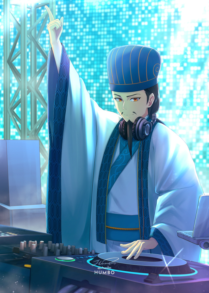 1boy absurdres artist_name beard black_hair blurry blurry_background chinese_clothes ciki_ciki_bam_bam dj facial_hair hand_up hanfu hat highres indoors j_humbo male_focus moustache orange_eyes paripi_koumei solo standing turntable zhuge_kongming_(paripi_koumei)