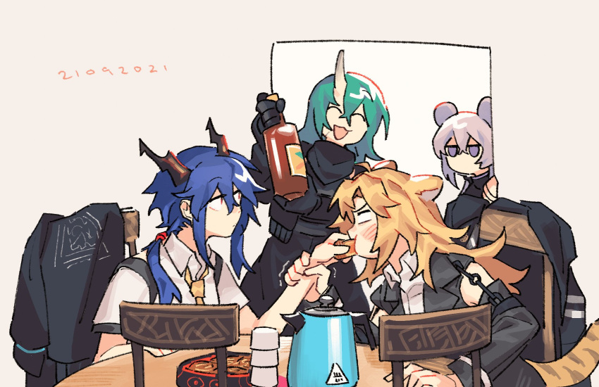 4girls animal_ears arknights beige_background black_gloves black_jacket blonde_hair blue_hair blush bottle ch'en_(arknights) chair closed_eyes closed_mouth collared_shirt commentary dated dragon_horns feeding food food_in_mouth gloves green_hair hand_on_another's_arm highres holding holding_bottle holding_food horns hoshiguma_(arknights) jacket kettle lin_(arknights) long_hair long_sleeves looking_at_another mouse_ears multiple_girls necktie open_mouth pink_hair purple_eyes scar scar_on_face shirt short_sleeves simple_background single_horn sitting skin-covered_horns smile swire_(arknights) symbol-only_commentary table tiger_ears trembling twintails unworn_jacket vento white_shirt yellow_necktie