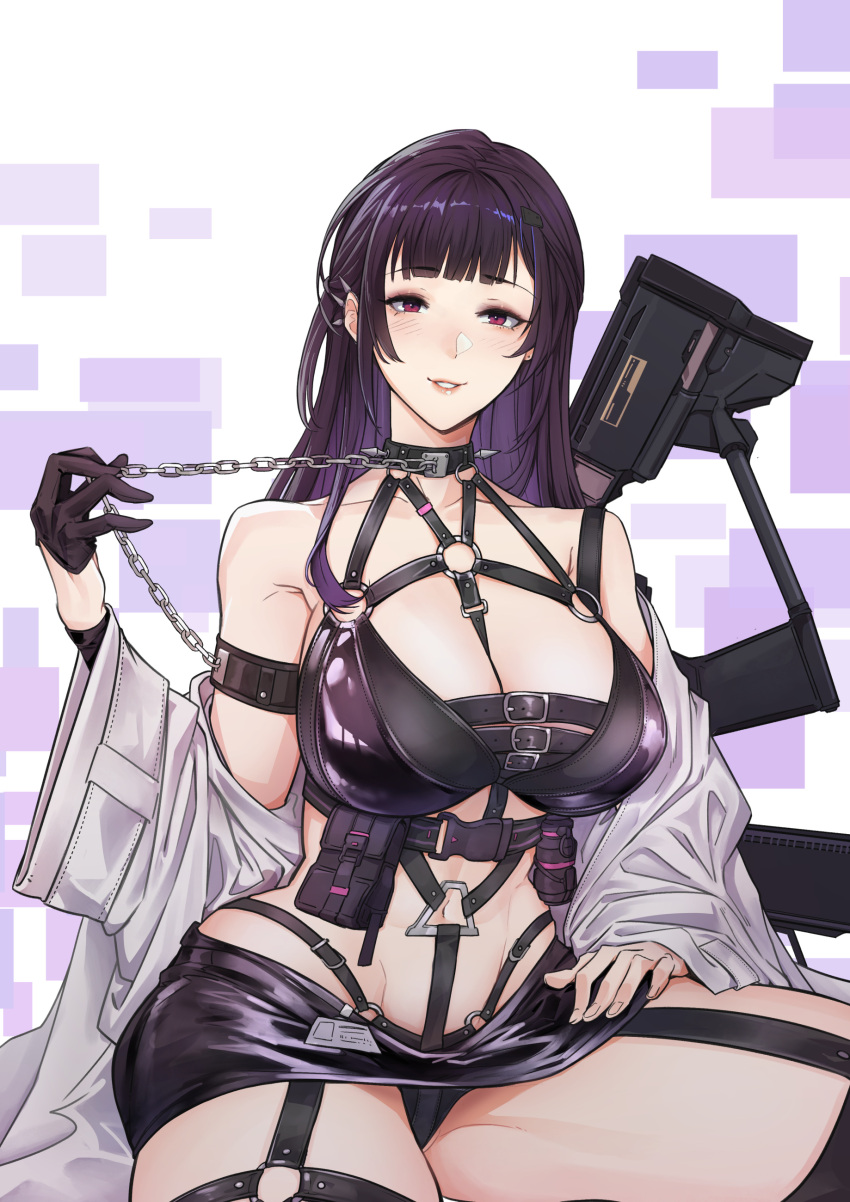 absurdres bare_shoulders black_gloves breasts chest_harness choker cleavage collar commentary curvy dominatrix earrings english_commentary female gloves goddess_of_victory:_nikke gun half_gloves harness highres jewelry large_breasts long_hair looking_at_viewer mihara_(nikke) navel panties red_eyes revealing_clothes shiny_clothes single_glove single_half_glove solo squatting thick_thighs thighs underwear weapon yukimpoi