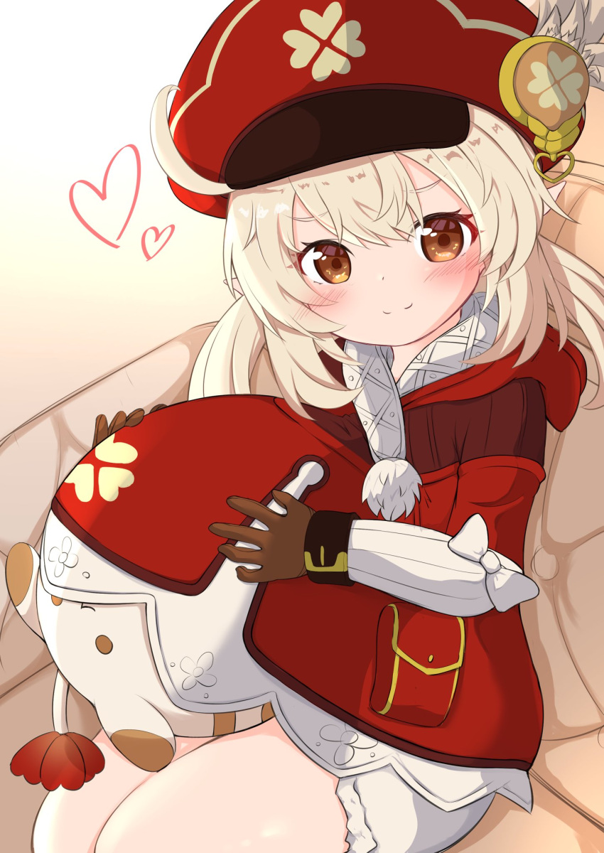 ahoge bad_id bad_twitter_id bloomers blush brown_eyes brown_gloves brown_scarf cabbie_hat clover_print coat commentary_request couch fake_pregnancy female genshin_impact gloves hair_between_eyes hat hat_feather hat_ornament heart highres hugging_doll hugging_object inactive_account jumpy_dumpty klee_(genshin_impact) light_brown_hair long_hair long_sleeves looking_at_viewer low_twintails playing pocket pointy_ears red_coat red_hat scarf sidelocks simple_background sitting smile solo sukuda_mizuo twintails underwear