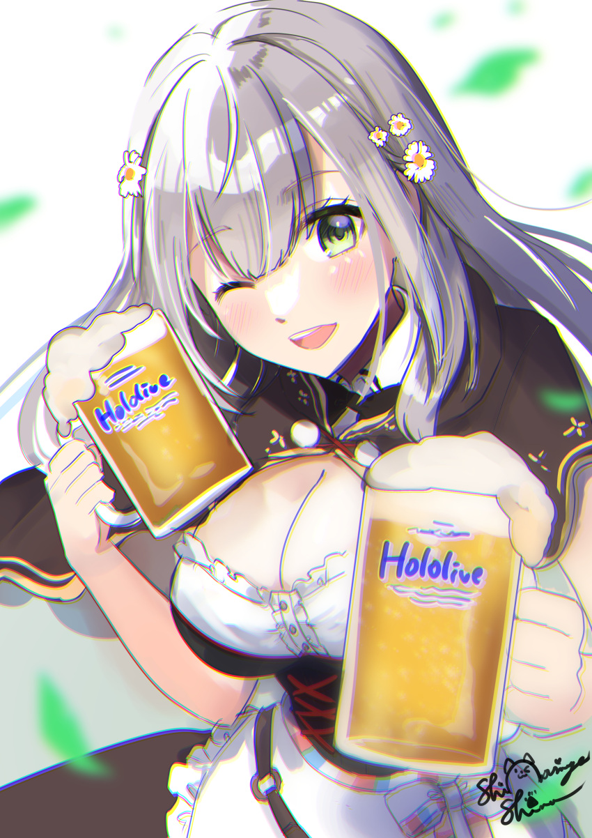 absurdres alcohol apron beer beer_mug black_bow black_bowtie blue_sky blurry blurry_background blush bow bowtie breasts cleavage commentary_request cup detached_collar dirndl falling_leaves female flower foam german_clothes green_eyes grey_hair hair_flower hair_ornament highres holding holding_cup hololive large_breasts leaf long_hair looking_at_viewer mug official_alternate_costume official_alternate_hair_length official_alternate_hairstyle one_eye_closed open_mouth shinomiya_shino_(sinosino141) shirogane_noel shirogane_noel_(dirndl) shirt signature sky smile solo thighhighs upper_body virtual_youtuber waist_apron white_apron white_shirt